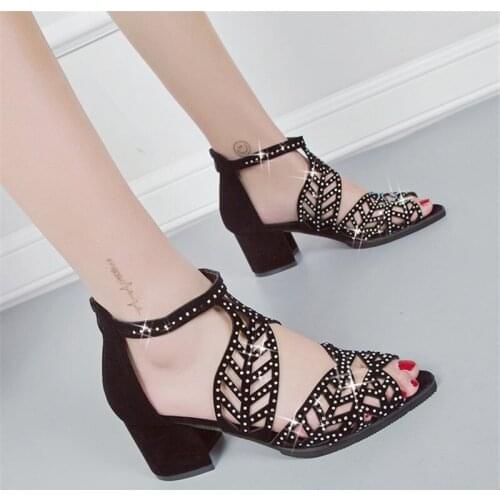 Women Summer Hollow Out Faux Leather Rhinestone Peep Toe summer shoes women Thick Heel Fashion Zipper Sandals Shoes