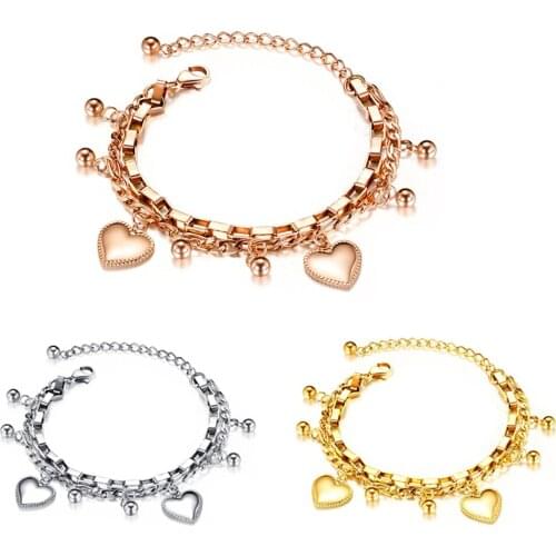 New Stainless Steel Girls Bracelets Women Gift Multi-layer Heart Charm Bracelet Adjustable