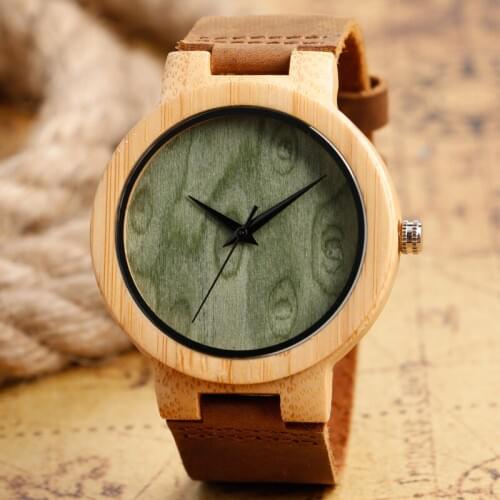 Mens Green Dial Leather Band Antique Wooden Watches with Analog Display Bamboo Wood wristwatch Top Gifts Clock relogio masculino