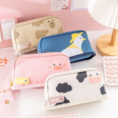Kawaii Bear Cow Japanese Pencil Case Student Stationery Pencil Bag Cute Large Capacity Canvas Storage Bag Pink School Supplies