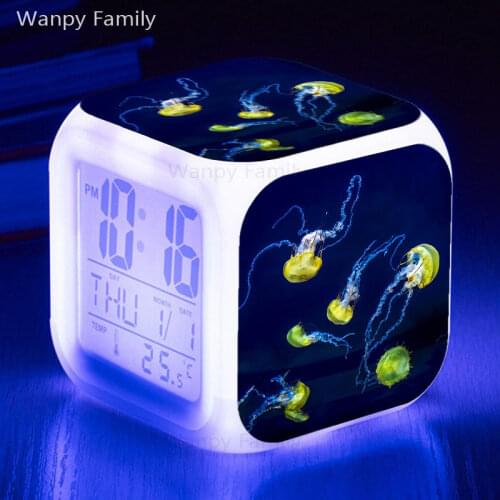 Colours Jellyfish Alarm Clock 7 Color Glowing LED Digital Clock Big Screen Multifunction Kids Room Touch Sensing Alarm Clock