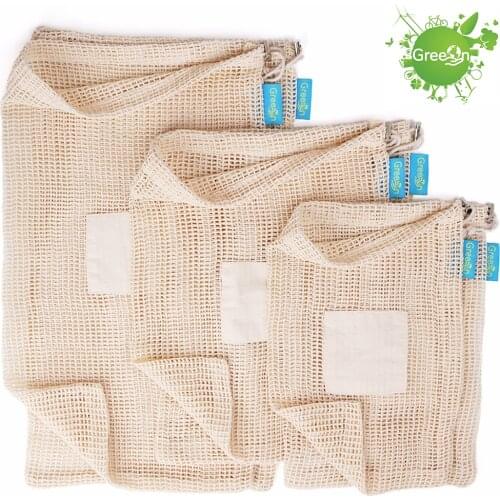 GreeOn Ecological Reusable Vegetable Fruit Bags - Reutilisable Cotton Mesh Cloth - Eco Friendly Zero Waste Produce Storage Bag
