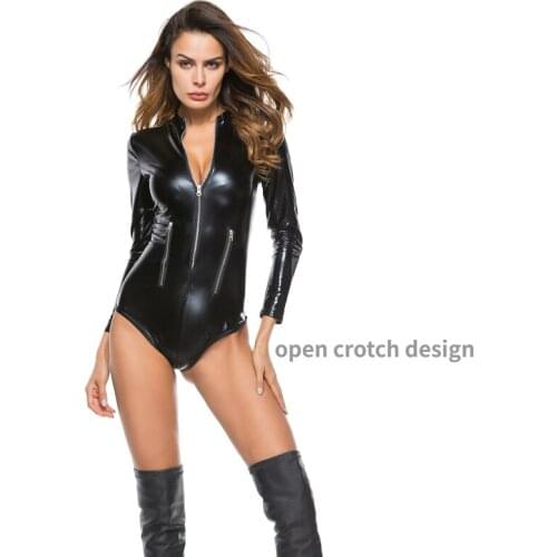 Open Crotch Faux Leather Female Bodysuit Sexy Lingerie Sexi Women Front Zipper Erotic Underwear Sex Spandex Catsuit Night Club