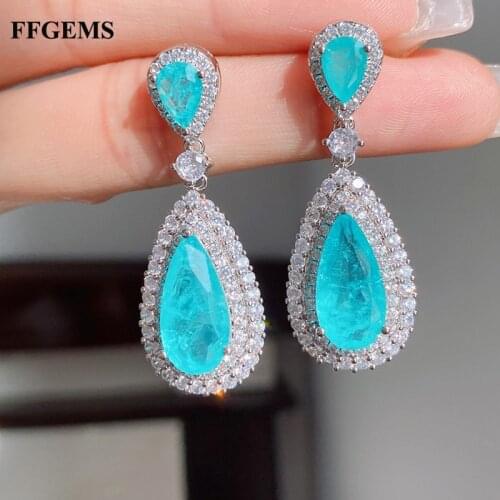 FFGems Brazilian Paraiba Emerald Tourmaline Silver Earring Created Blue Stone Drop for Women Fine Jewelry wholesale Party Gift