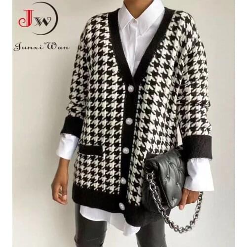 Fashion Houndstooth Women Cardigan Autumn Winter Elegant Knitted Sweater Black Long Sleeve Loose Single Breasted Outerwear