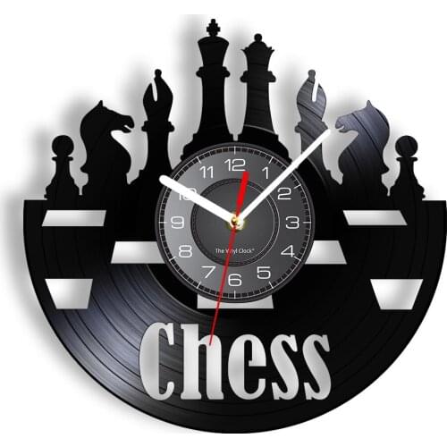 International Chess Pieces Vinyl Album Record Clock Checkerboard Wall Art Professional Game Room Decor Timepieces Hanging Watch