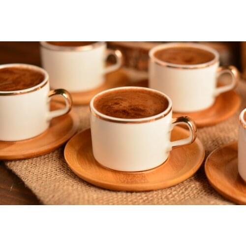 Affo Set of 6 Coffee Cups Gold Lined | Bamboo Saucers | Porcelain Cups | Golden Lined | Home-kitchen | Made in Turkey