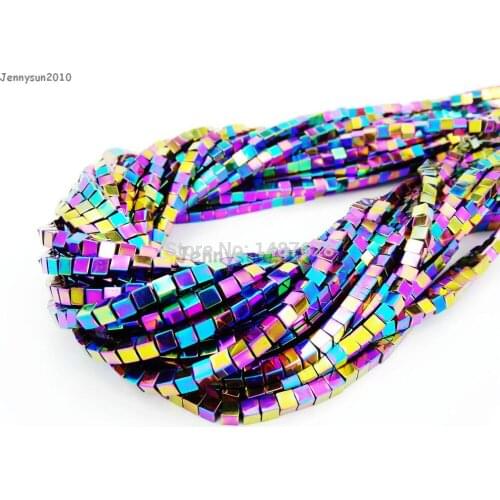 Natural Hematite Healing Gems Stones Square Cube 2mm Beads Non Magnetic Metallic Multi-Colored 15.5'' Jewelry 10 Strands/Pack
