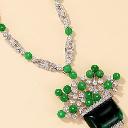 New Unique Womens green-color stone and cubic zircon flower vase necklaces party Jewellery wholesale 2021 trend