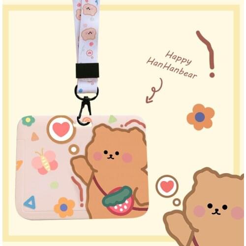 New Fashion Cute Bears Slide Design Women Lanyard Credit Card ID Holder Bag Student Meal Card Entrance Card Cover Badge