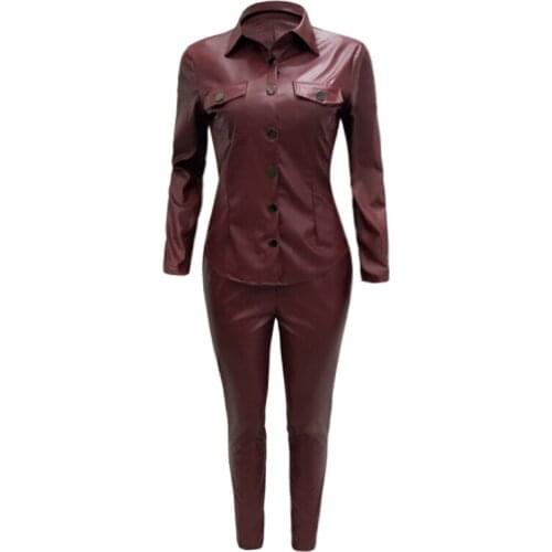 Autumn/Winter Windproof PU Leather Shirt Top and Leg Pants Street Personality Versatile Women 2 Pieces Set Women Plus Size 3XL
