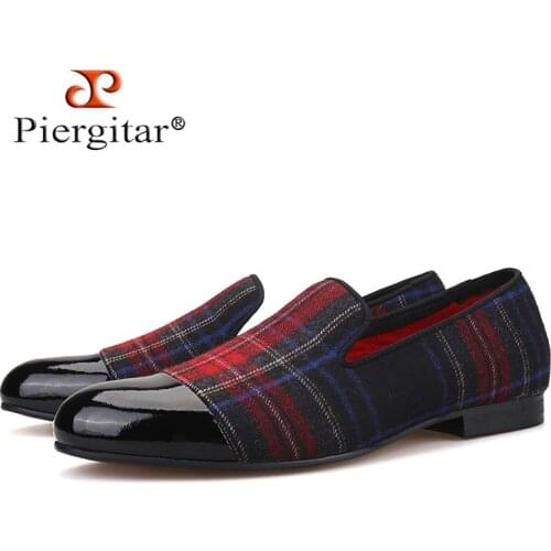 Piergitar new Handmade men loafers with gingham designs and black leather toe wedding and party slip-on men smoking slippers