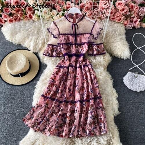 Dresses for Women Summer Elegant Flowers Print Flare Sleeves Mesh Lace Ruffled Y2k Vestido De Mujer Sexy Dress Female Luxury