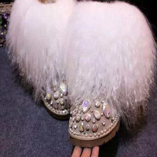 Hot Wool Fur Tassel Covered Women Rhinestone Embellished Snow Boots Suede Leather Ladies Flat Winter Sheep Hair Med calf Boots