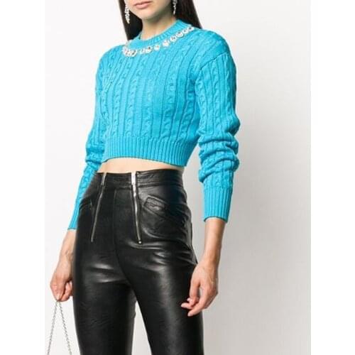 Sale!!! 10.40 High Hot End Fashion Crystal Diamonds Slim Knitwear Women Twist Short Comfortable Pullover Sweater