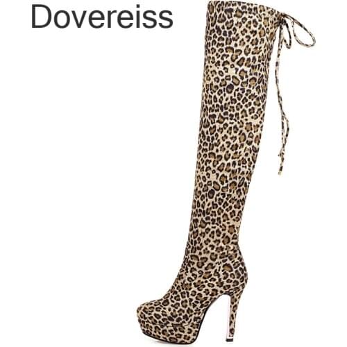 Winter For Woman New Fashion Pointed Toe Shoes Sexy Leopard Print Platform Back Office Lady Over The Knee High Boots 46 47 48