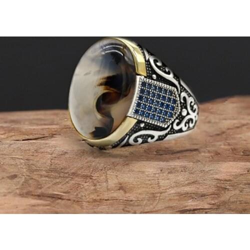 Seven kinds of stones new authentic sterling silver antique Turkish blue zircon ring agate stone mens colorful punk style