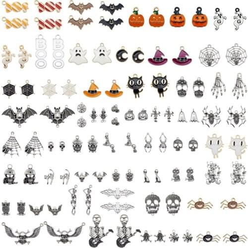 Julie Wang Halloween Charms Mixed Enamel Alloy Candy Ghost Pumpkin Bat Spider Cat Hat Skull Pendant Jewelry Making Accessory