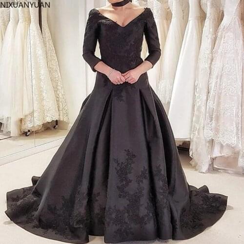 Wedding Dress 2021 Ball Gown Satin Plus Size V Neck Backless Black Lace Long Sleeve Vestidos De Noiva