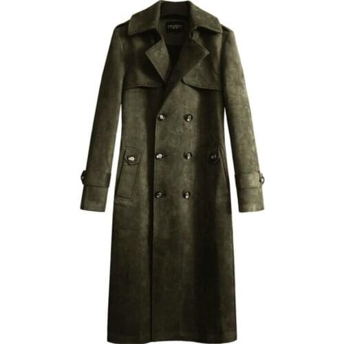 Spring autumn mens trench coats ветровка man retro suede men clothes slim fit overcoat long sleeve new designer army green