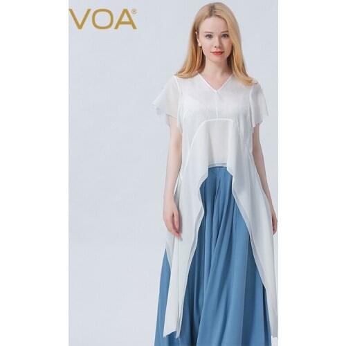 VOA Silk Jacquard Ivory White V-neck Petal Short-sleeved Dovetail Design Three-dimensional Decorative Loose T-shirt Women BE727