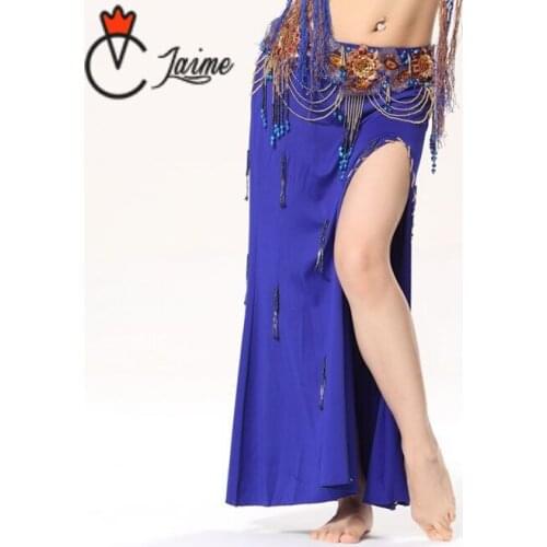 Belly Dancing Sexy Side Split Elastic Waist Long Slim Skirts with String Bead Pendant Belly Dance Wrap Skirt Women