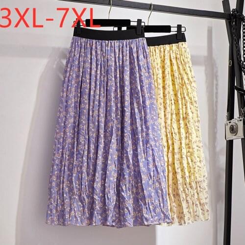 New 2021 summer plus size long skirt for women large casual loose floral print pleated skirts yellow purple 3XL 4XL 5XL 6XL 7XL