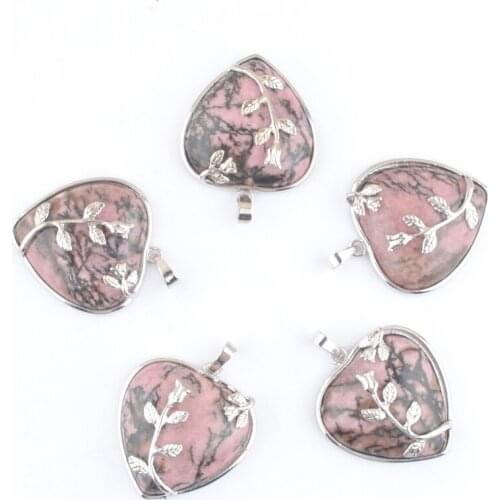 5Pcs/Lot Natural Rhodonite Stone Pendant Heart Silver Plated Flower Healing Reiki Chakra Bead Dangle Jewelry QN3665