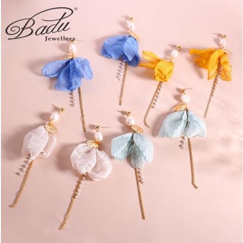 Badu Pearl Long Yarn Flower Earrings Bohemian Handmade Tassel Jewelry Colorful Drop Earring for Women Fashion Fringe Fabric