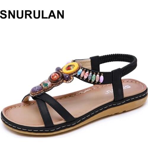 SNURULAN Korean Fashion Slip-on Ethnic Women Sandals Bohemian Retro Exquisite Beaded Beach Shoes Flats Elastic Back Strap Summer