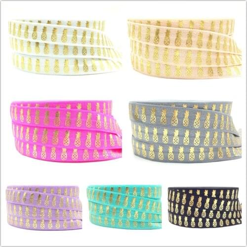 10 yards/lot Good Quality Pineapple Print Fold Over Elastic 5/8" Gold Foil FOE Elastic Ribbon for Hair Tie Hair Accessories