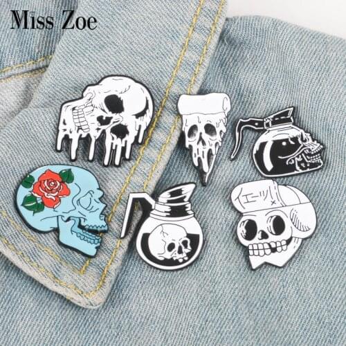 Gothic Skeleton enamel pin Rose Skull Coffee Pot Pizza badge brooch Lapel pin Denim Jeans shirt bag Cool Jewelry Gift for friend