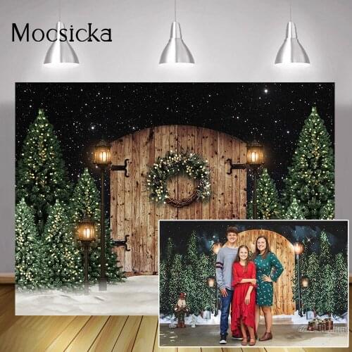 Winter Green Pine Forest Backdrop Snow Rustic Christmas Portrait Background for Photography Retro Door Lights Cake Smash Props