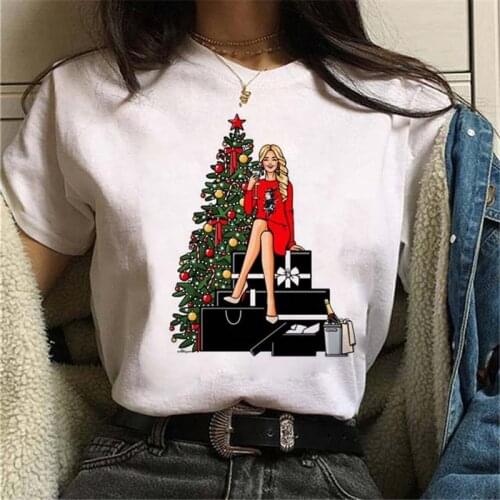 FIXSYS Fashion Ladies Graphic Printed Women T-shirt Merry Christmas Tree Cartoon Short Sleeve Tshirts Girls Harajuku Tops Tee