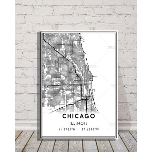 Map print poster canvas poster canvasWorld Map CHICAGOBlack White MapPoster Picture Art