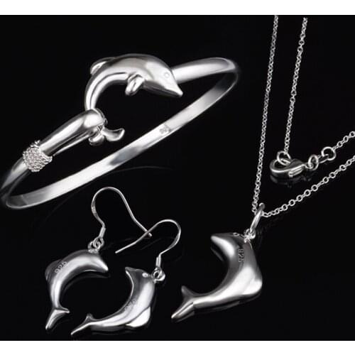 Charmhouse Silver 925 Jewelry Sets For Women Dolphin Cuff Bangle Bracelet Necklace Earrings 3pcs Costume Jewelry Accessories