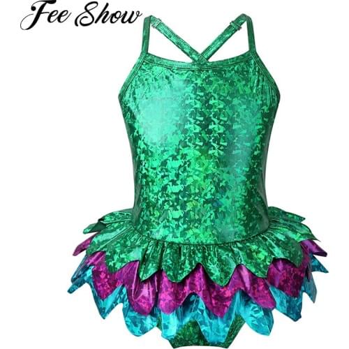 Summer Kids Girls One-piece Swimsuit Spaghetti Straps Glossy Metallic Mermaid Swimwear Children Bathing Suit Beachwear