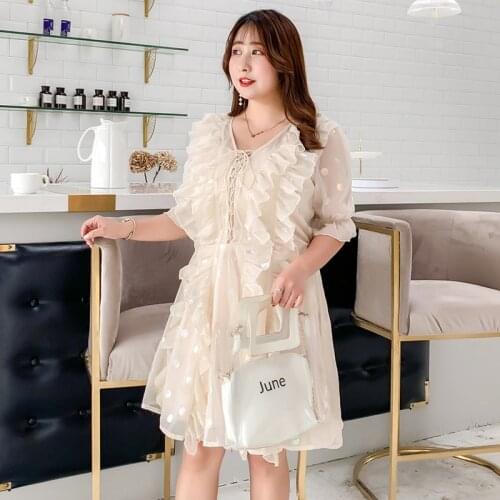 Cute Ruffle Chiffon Loose Summer Holiday Dress A-Line Flare Sleeve Champagne Dot Casual Office Dress Knee-Length Black 4xl Dress