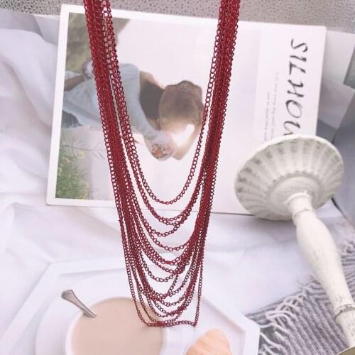 Spraying chains red color multi-layers necklace, brown leather pendant long accessories