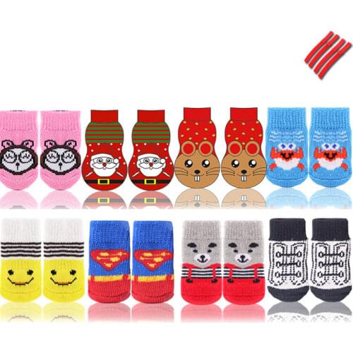 New 1set/4pcs Christmas New Year Cartoon Pet Socks Soft Cotton Cute Non-slip Warm Dog Sock for Dog Teddy Cat Pet Supplies
