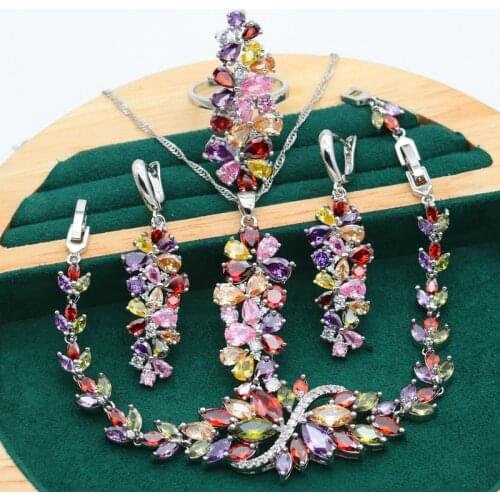 New Multicolour Purple Topaz 925 Silver Jewelry Set For Women Bracelet Earrings Necklace pendant Ring Birthday Gift 4PCS