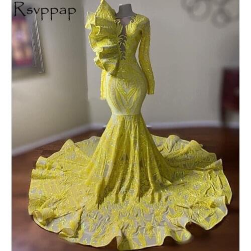 Long Sleeves Sparkly Sequin African Style Prom Dresses 2021 Exquisite Ruffled Shoulder Yellow Mermaid Party Prom Gowns