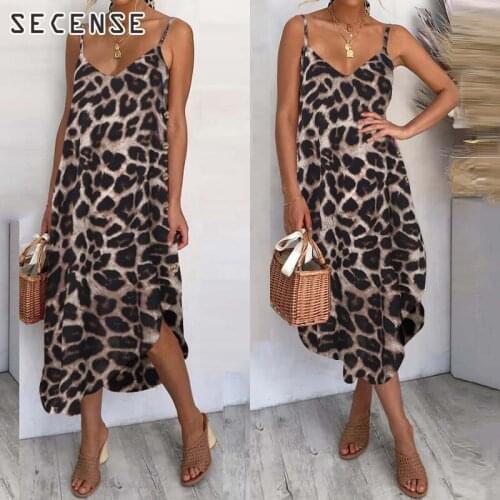 Leopard Print Spaghetti Strap Dress V-Neck Dot Asymmetry Midi Dress Summer Sleeveless Casual Women Clothing For Ladies SECENSE