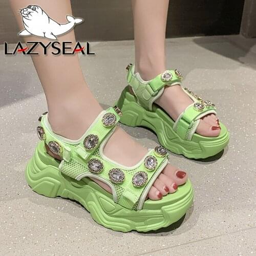 LazySeal 2021 Summer Beach Platform Women Sandals Luxury Diamonds Thick Bottom Beach Sandal Green Chunky Sole Woman Shoes