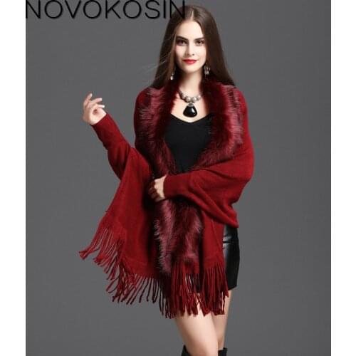SC130 2017 Winter Warm Plus Size Knitted Long Sleeves Patchwork Poncho Royal Blue Shawl Women Faux Fox Fur Loose Cardigan Coat