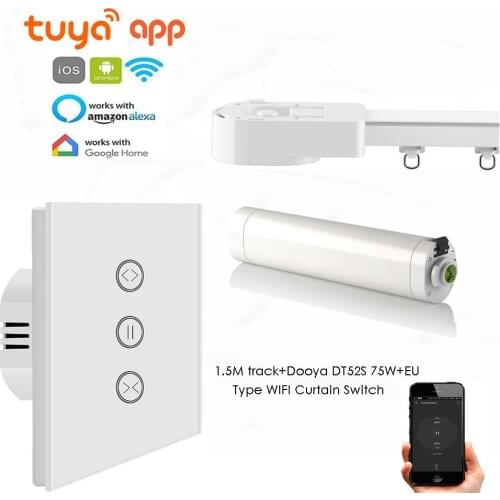 Tuya App Curtain Rod Automation System,Dooya DT52S 75W+1.5M or Less Track+EU Type WIFI Curtain Switch,Support Alexa/Google Home