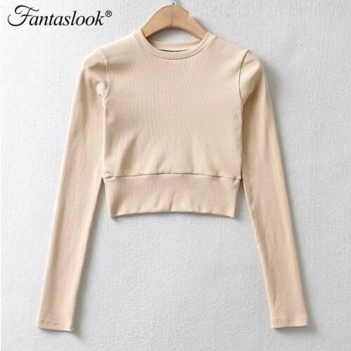 Strethy Crop T Shirt Women Slim Long Sleeved Cotton T Shirts Autumn Ladies O Neck Ribbed Tops Casual Solid Short Streetwear Top