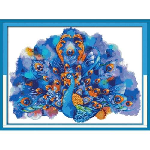 Everlasting Love Blue Peafowl (2) Chinese Cross Stitch Kits Ecological Cotton Stamped Printed DIY New Year Decorations For Home