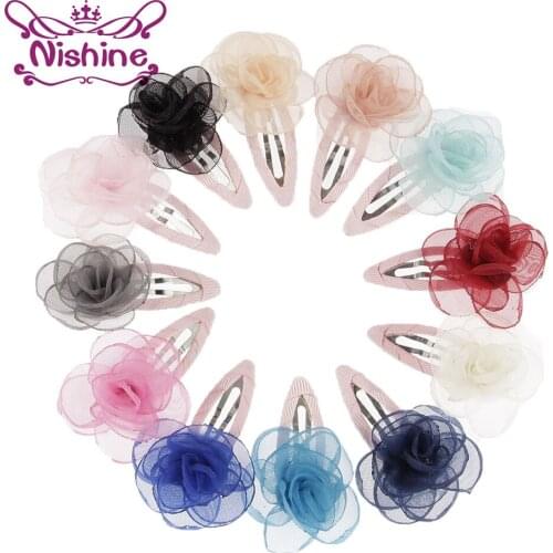 Nishine 12pcs/lot Newborn Burned Edges Lace Flower Hair Clip Children Hairpins Kids Girls Cloth Head Accessories