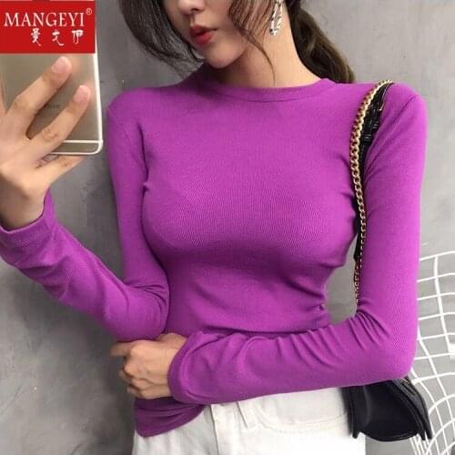 Womens Long-Sleeved T-shirt Early Autumn Cotton Stretch Tight Top 12289